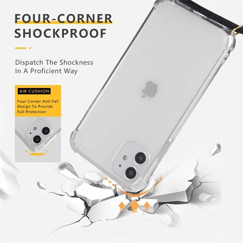 For iPhone 11 Case Necklace Lanyard Shoulder Rope Cord Clear Soft TPU Phone Cover for iPhone XR 11 Pro Max XS MAX X 7 8 6 S plus