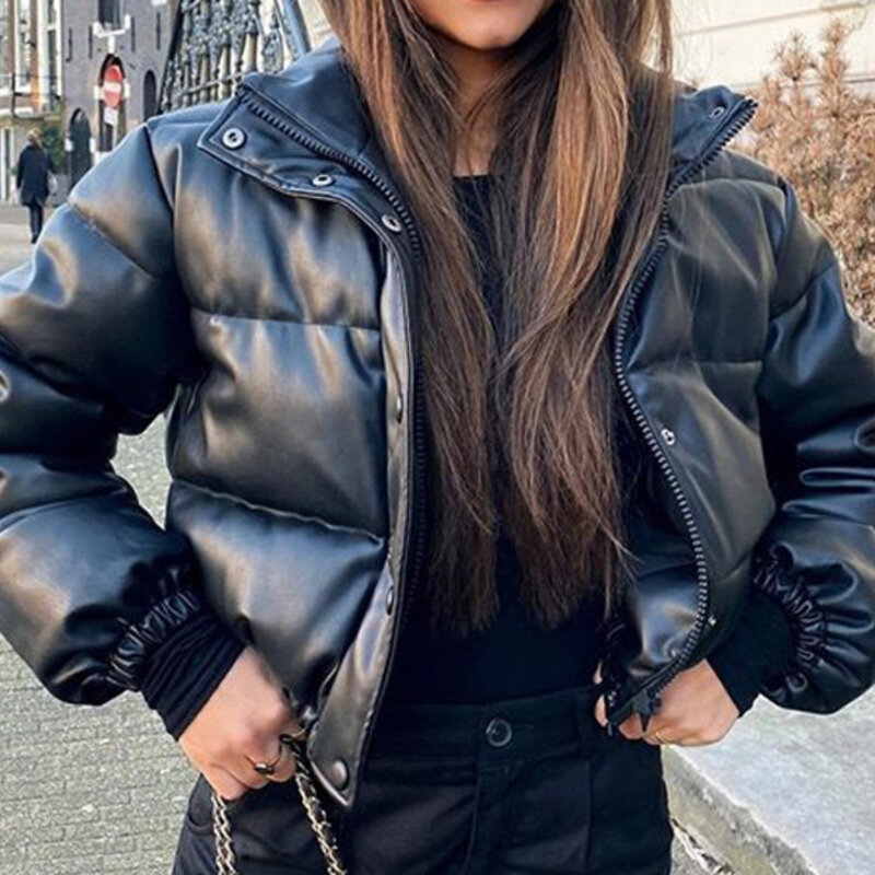 パーカー-女性用の短い黒の革のジャケット,ジッパー付きの厚いpuの衣服,冬に最適