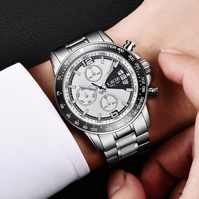 LIGE – montre militaire pour hommes, bracelet en acier inoxydable, étanche, Quartz, chronographe, horloge, mode, sport, avec boîte