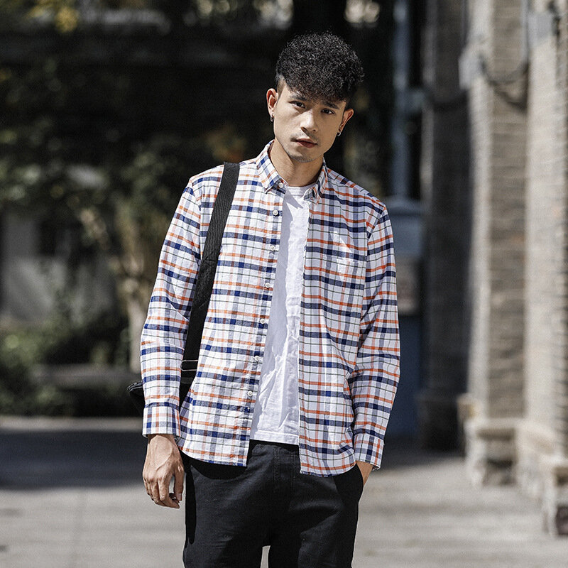 Camisa xadrez masculina 100% algodão, camisa social com bolso botão social slim coreana