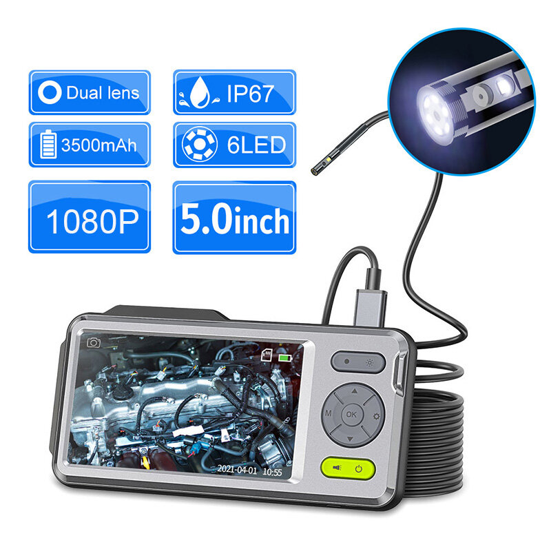 5mm Dual Camera Handheld Endoscope with 5 inch HD IPS Screen Endoscope Camera IP67 Waterproof Cable with Sound Travel Case