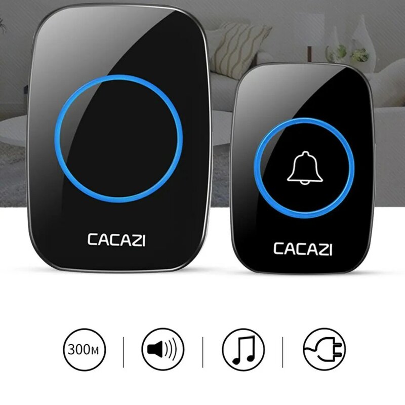 CACAZI-timbre inalámbrico a prueba de agua, 300M, enchufe remoto de la UE, timbre de puerta inteligente, batería de 1, 2 botones, 1, 2, 3, receptor de CA