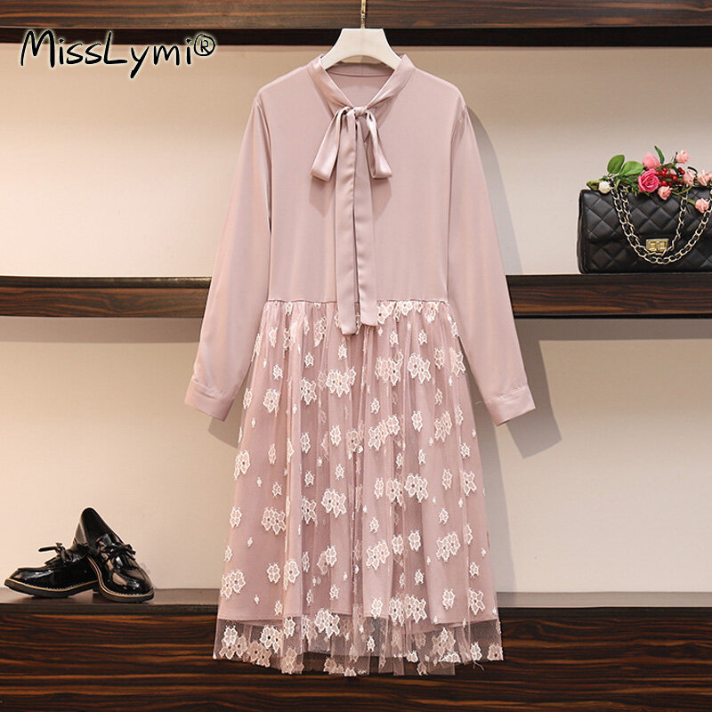 XL-5XL Plus Size Women Elegant Lace Dresses Spring 2021 Bow Collar Long Sleeve Patchwork Flower Embroidery Mesh Dress Pink