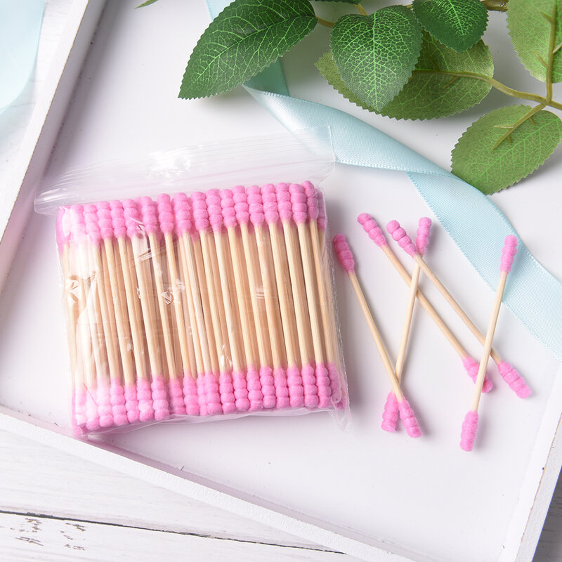 100PCs Pink Green Cosmetic Cotton Swab Stick Double Head Ended Clean Cotton Buds Ear Clean Tools For Children Adult