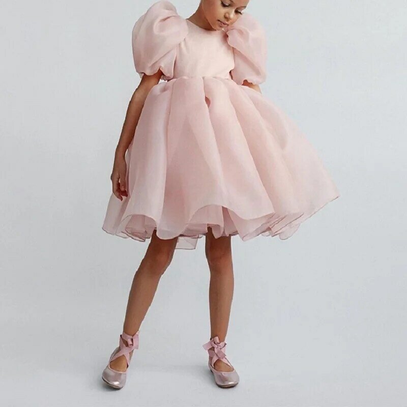 Moda menina princesa vestido do vintage criança tule puff manga rosa festa de casamento aniversário tutu vestido criança meninas roupas