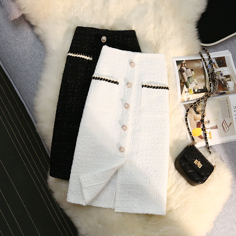 Hebe & eos vintage de lã preto saia branca cintura alta coreano moda a linha elegante escritório wear feminino midi saia outono inverno