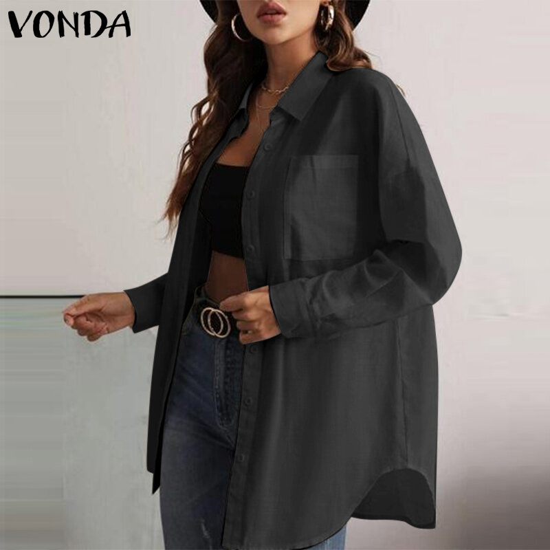 ผู้หญิงสบายๆเสื้อแขนยาว VONDA 2021เสื้อสำนักงานสุภาพสตรีเสื้อของแข็งสี Bohemian Blusas Femininas Elegant Tops