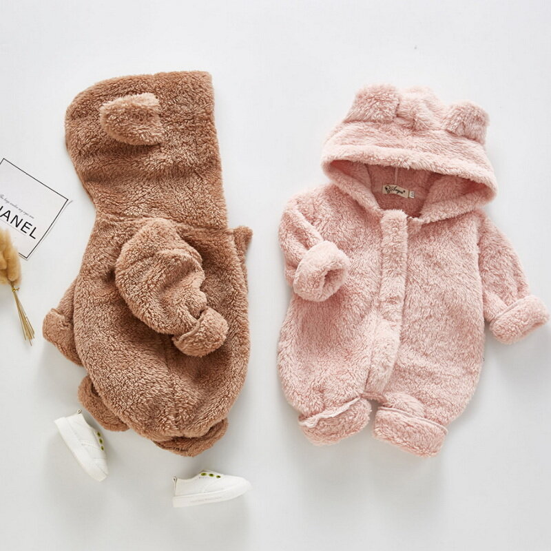 2021 koreanische Stil Neue Winter Baby Mädchen Jungen Strampler Rosa Weiß Kaffee Lange Ärmel Mit Kapuze Overall Baby Kleidung 0-2 jahre E403