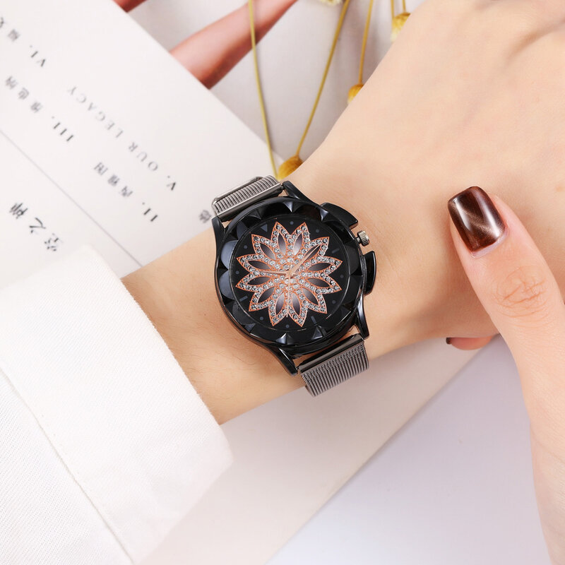 Relógio de pulso feminino, relógios femininos de marca superior para mulheres relógios de ouro rosé com flor strass