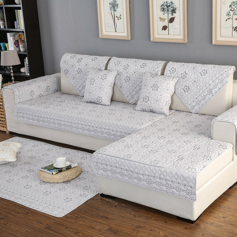 Sofa Cover Cotton Embroidered Couch Cushion White Gray Color Couches Covers For Living Room L Shaped Sofas 3 Seater Protector