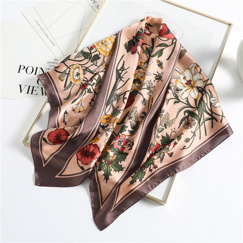 Bufanda cuadrada de seda nueva para mujer, chal con estampado Floral a la moda, envoltura para el cuello, turbante, bufandas grandes, pañuelo para el cuello, 2021