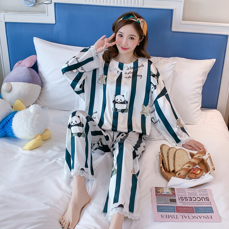 Roupa de dormir feminina tamanho grande imitado de tecido de seda pijamas primavera conjunto de pijama versão solta pulôver nighty princesa estilo