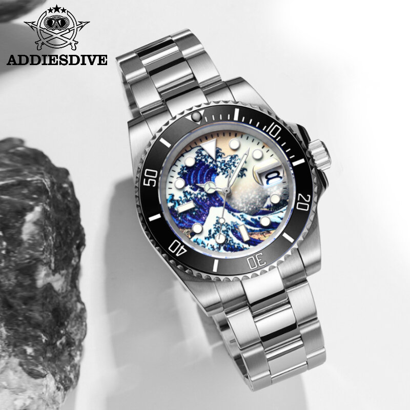 Addyes-reloj para submarinismo para hombre, nuevo estilo, reloj para surfear superluminoso dial, 200m, negro, con bisel de cerámica, NH35, mecánico automático