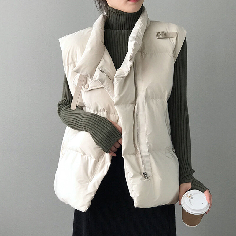 Emagrecimento para baixo algodão colete algodão-acolchoado jaqueta coreano gola fivela chanfrada zíper bolso solto inverno feminino