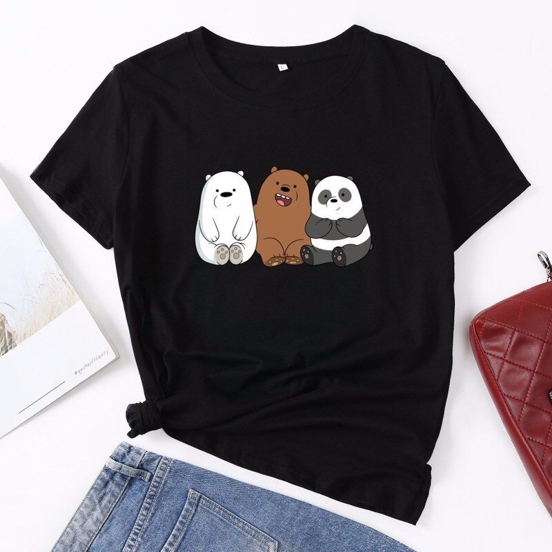 Leuke Cartoon Beer Panda Vrouwen T-shirt Zomer Plus Size 3XL Tshirt Print Zwarte Korte Mouw Casual Vrouwelijke Tops Zwart t-shirt