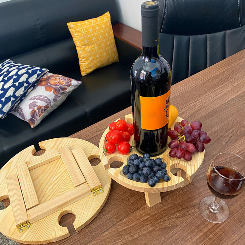 Mesa de madeira dobrável mesa de vinho ao ar livre com suporte de vidro mesa redonda mini portátil jardim viagem praia piquenique móveis