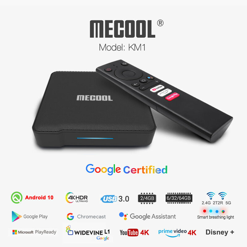 ТВ-приставка Mecool KM1 Deluxe, сертифицированная Google, Android 10, Amlogic S905X3, Android TV, Prime Video, 4K, двойной Wi-Fi, 2 + 16 Гб