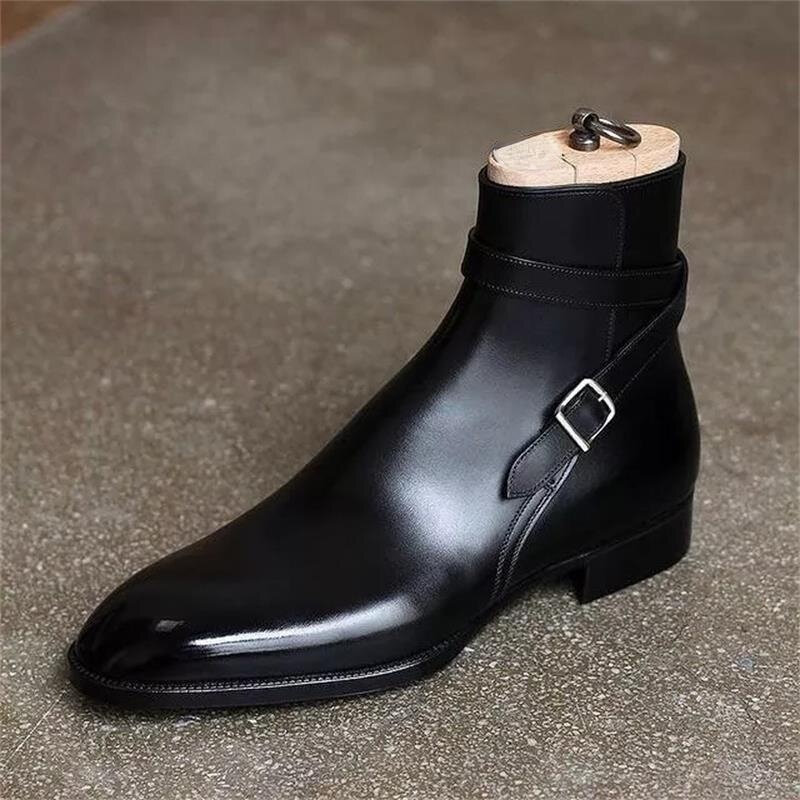 Мужские классические ботинки челси ручной работы, черные ботинки из искусственной кожи на низком каблуке с одной пряжкой в стиле ретро, 6KF542