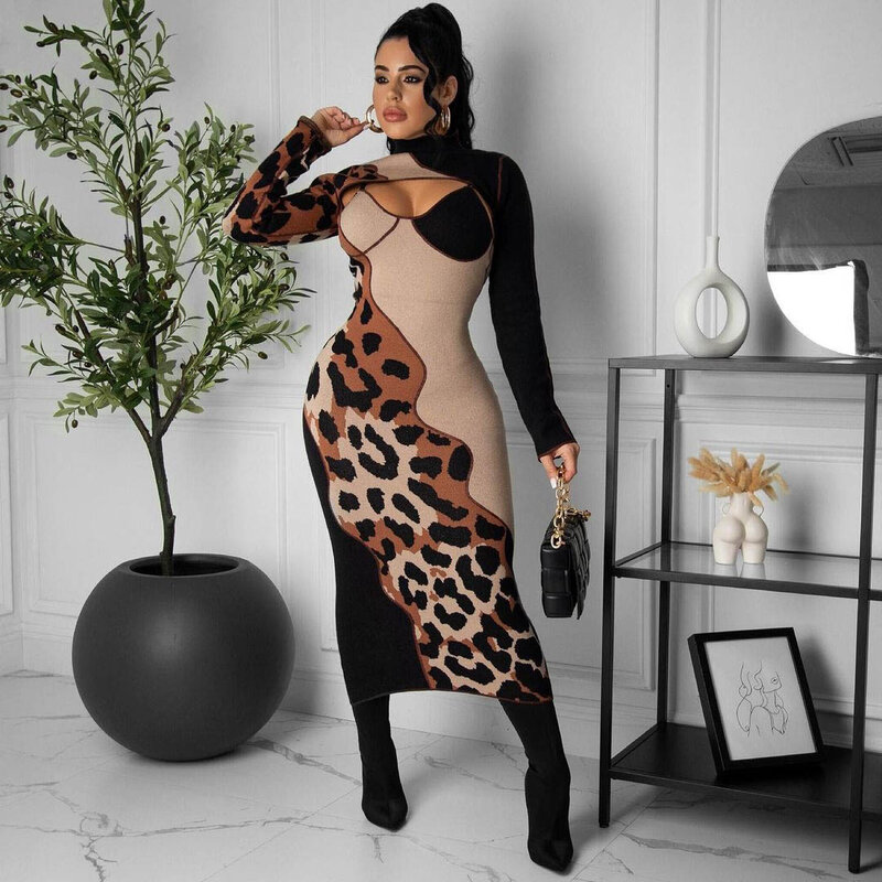 Sexy leopardo impressão vestido feminino outono e inverno longo mangas compridas apertado lápis saia oco festa boate vestidos africanos 2022 novo