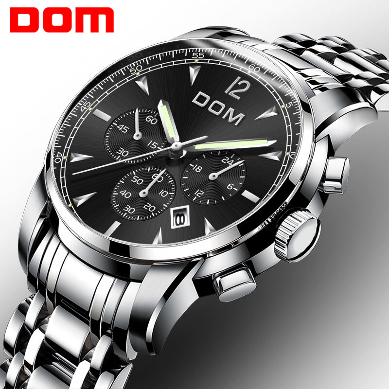 2018 Neue Uhren Männer Luxus Marke DOM Chronograph Männer Sport Uhren Wasserdicht Voller Stahl Quarz herren Uhr Relogio M-75D-1MPE