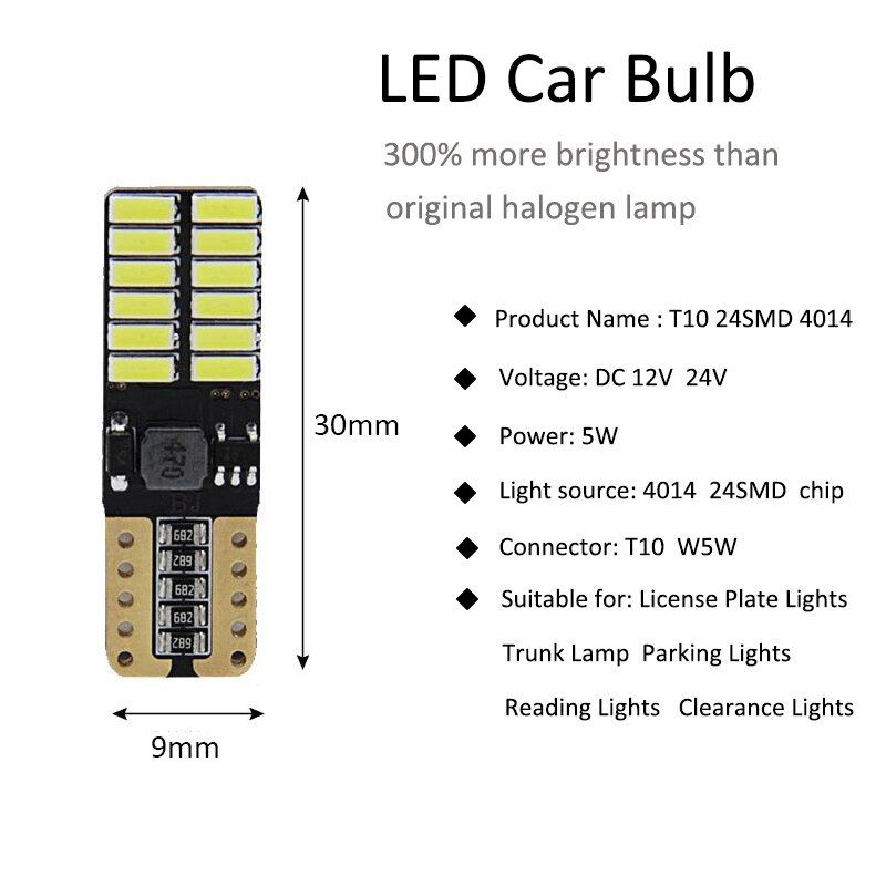 Luces de lectura para coche, lámpara led T10 w5w CANBUS 4014 24smd 6000K, 10 unidades