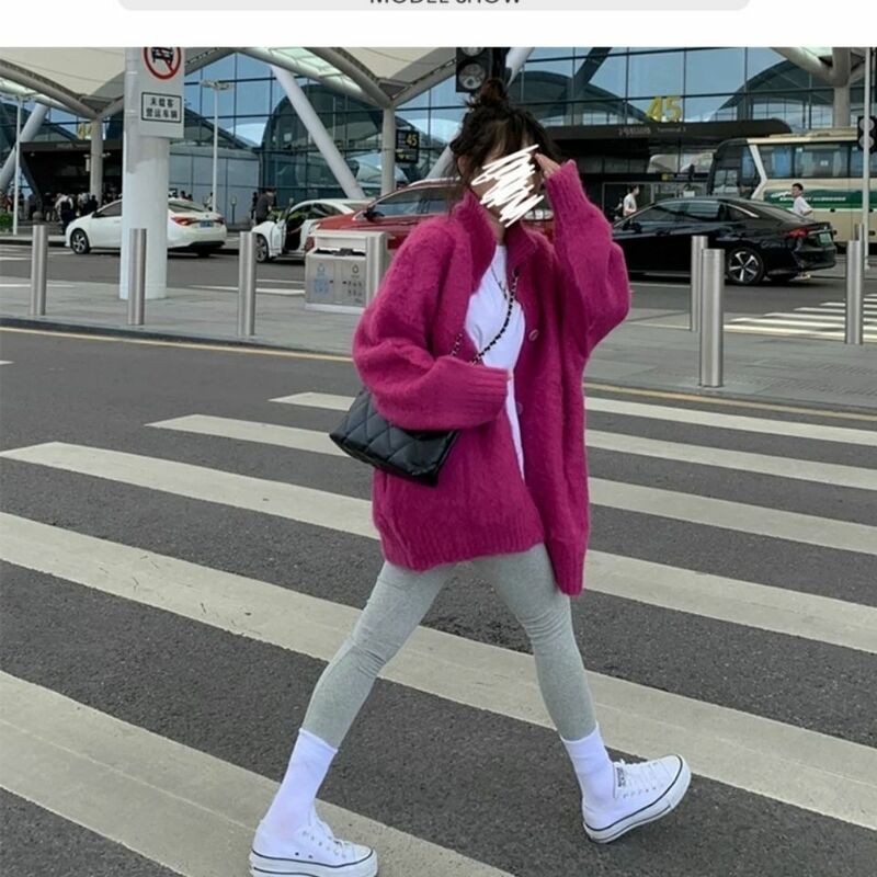Vintage moherowy sweter damski dziergany sweter Harajuku leniwy styl damski guzik z dekoltem w szpic rozmyte sprawdź sweter puszysty dzianinowy Top