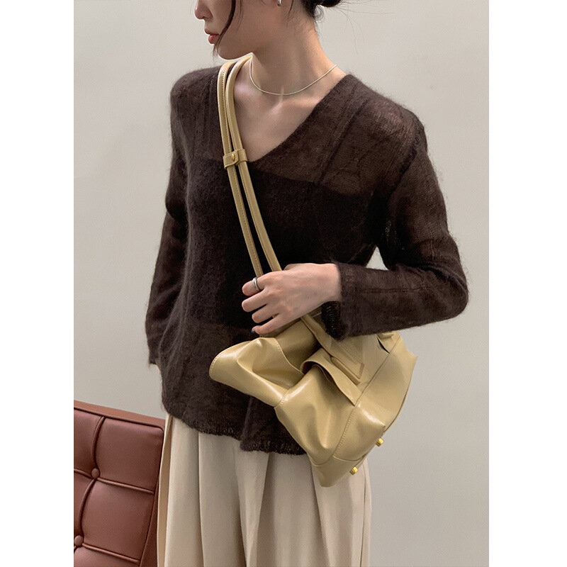 See Through Mohair Wool Sweater Women Light Weight Knit V Neck Pullover Brown