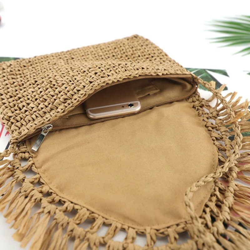 Tassel Straw Shoulder Bag for Women Paper Rope Hook Hand-woven Casual Handbags Summer Beach Travel Girls Crossbody Flap Bags