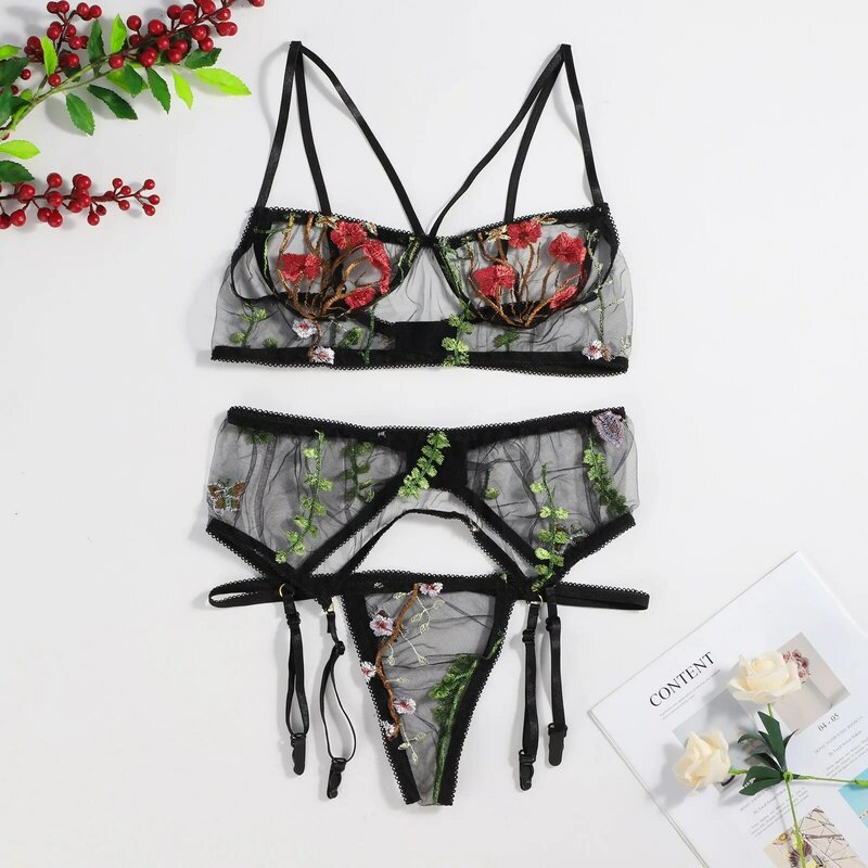 Transparent Sexy Women Underwear Flower Embroidery Sexy Lingerie Set Garter Lace Erotic Costumes Lenceria Sensual Woman Lingerie