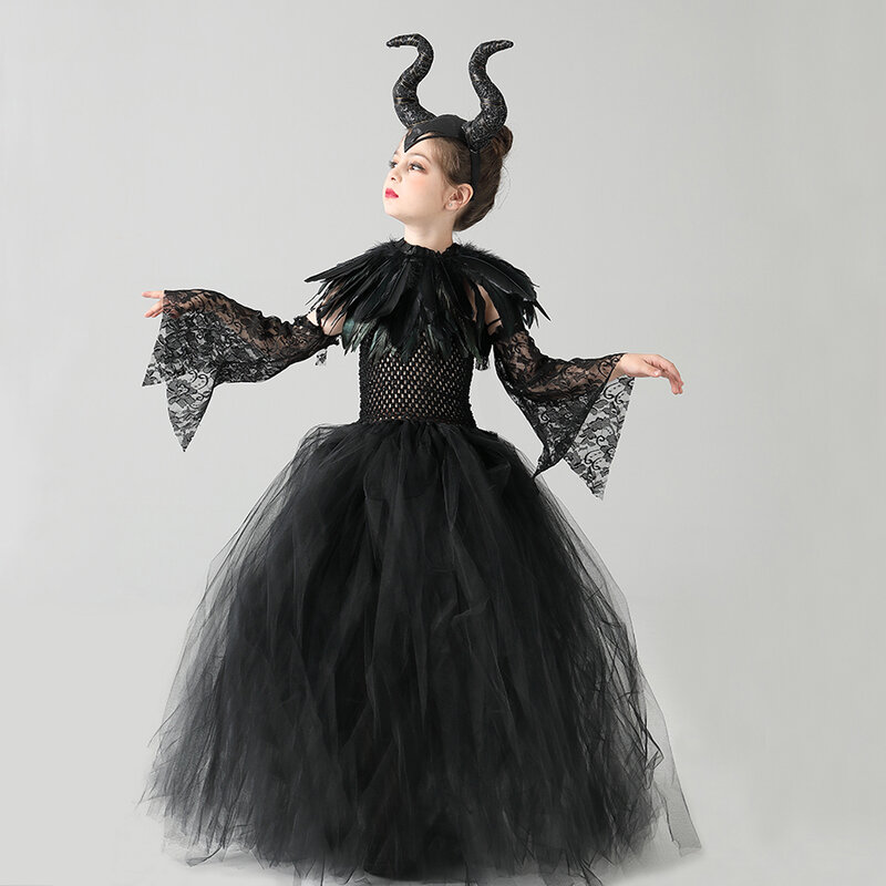 Robe Tutu noire avec plumes pour filles, tenue d'halloween maléfique pour enfants, châle victorien, Costume fantaisie de Cosplay