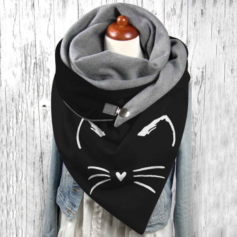 Шарф с забавным принтом кошки, универсальный двухслойный теплый ветрозащитный элегантный шарф с пряжкой для осени и зимы, 2021