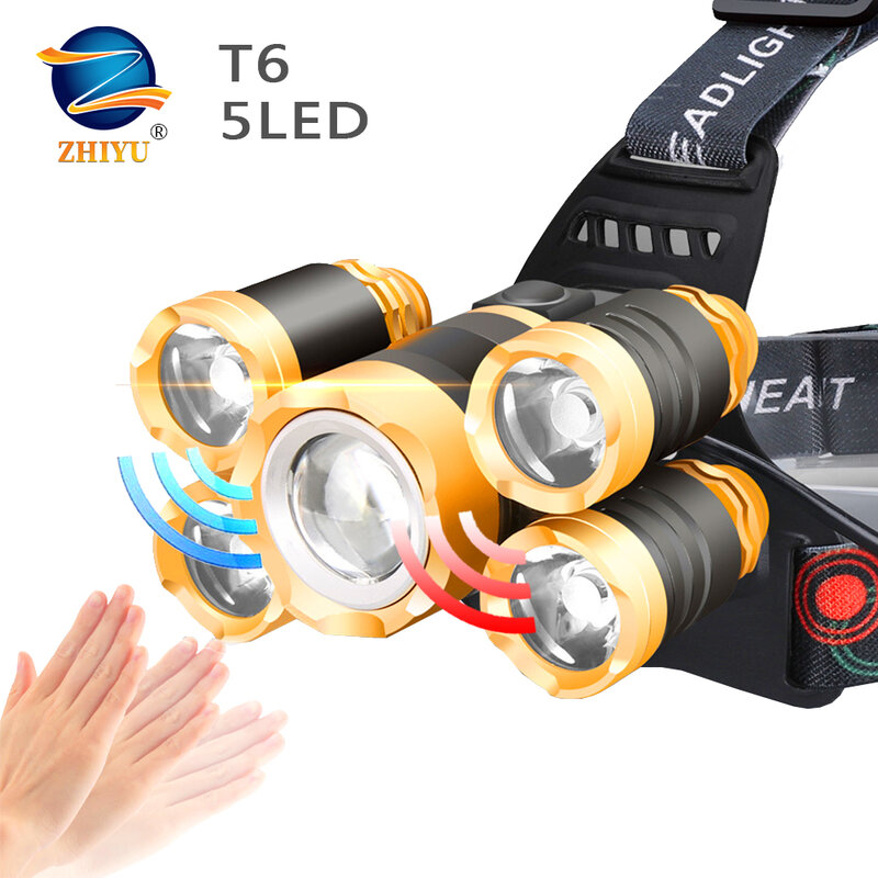 مصابيح أمامية ليد ZHIYU, مصابيح أمامية ليد 5LED T6 بقوة 8000 لومن وبطارية 18650 قابلة لإعادة الشحن للاستخدام أثناء التخييم والصيد