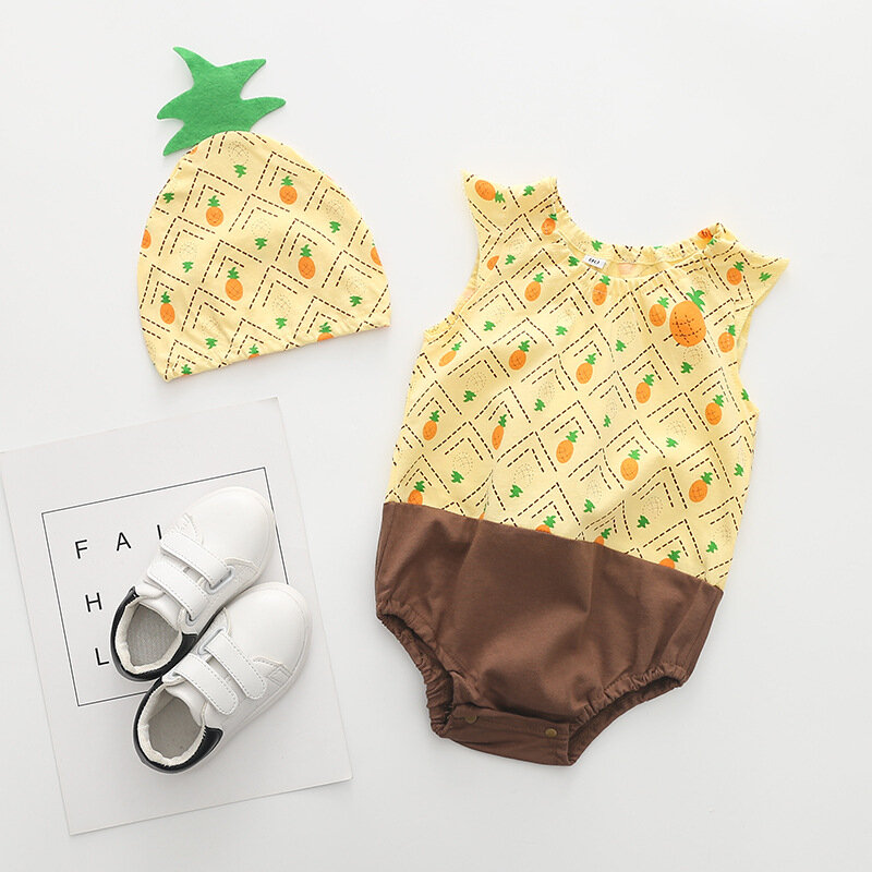 Macacão infantil de algodão para recém-nascidos, roupinha adorável para crianças pequenas, meninos e meninas, conjunto de roupas de verão + chapéu