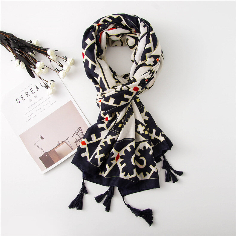 スカーフ女性の夏の綿の房の国家のスタイル観光スカーフショール多彩な幾何学プリントスカーフ