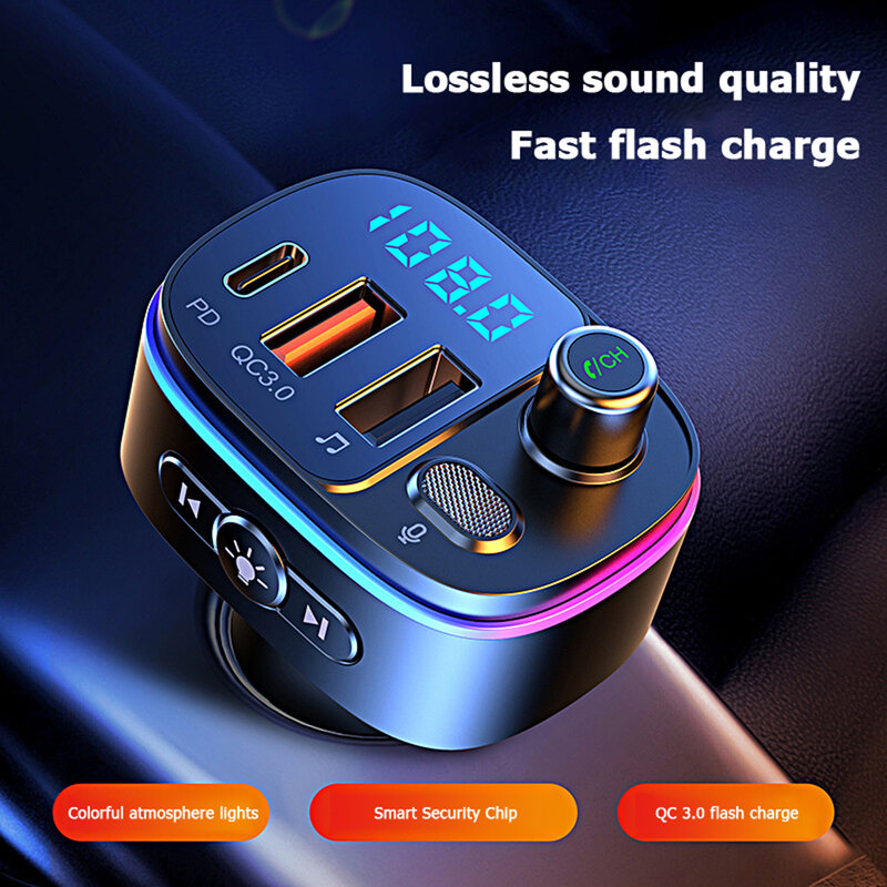 2021 Bluetooth 5.0 Bộ Phát FM Xe MP3 Người Chơi Tay Cầm Không Dây Xe Hơi QC3.0 + PD Dual USB Sạc Nhanh 7-Màu Sắc LED Backlit