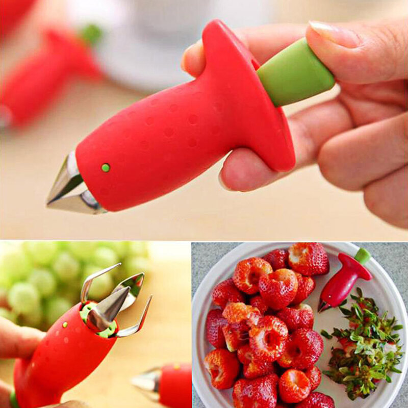 1 pçs morango hullers metal + plástico frutas remover talos dispositivo tomate talos morango faca haste removedor 11