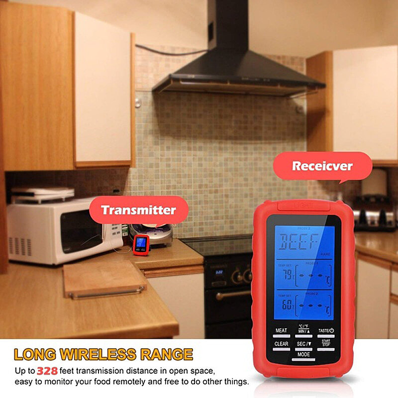 デジタルLCDキッチン温度計,デュアルプローブ検出器,バーベキューおよび肉用,ワイヤレスリモコン付き,330フィート
