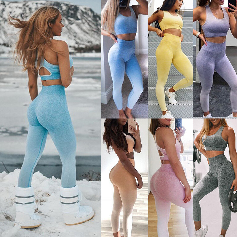 Women Workout Clothes Yoga Set High Waist Push Up Sport Leggings padded Fitness Top Ombre Jogging Suits Sport Outfits
