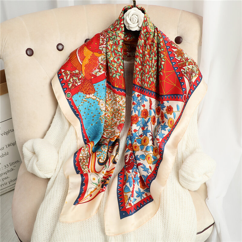 Foulard carré en Satin de soie pour femmes, marque de luxe, Hijab, bandeau, châles musulmans, 90x90cm, 2022