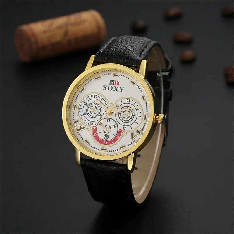 Alta marca de luxo soxy relógio moda couro cintas três pequenos olhos dial designer relógio de pulso masculino boa qualidade afastamento