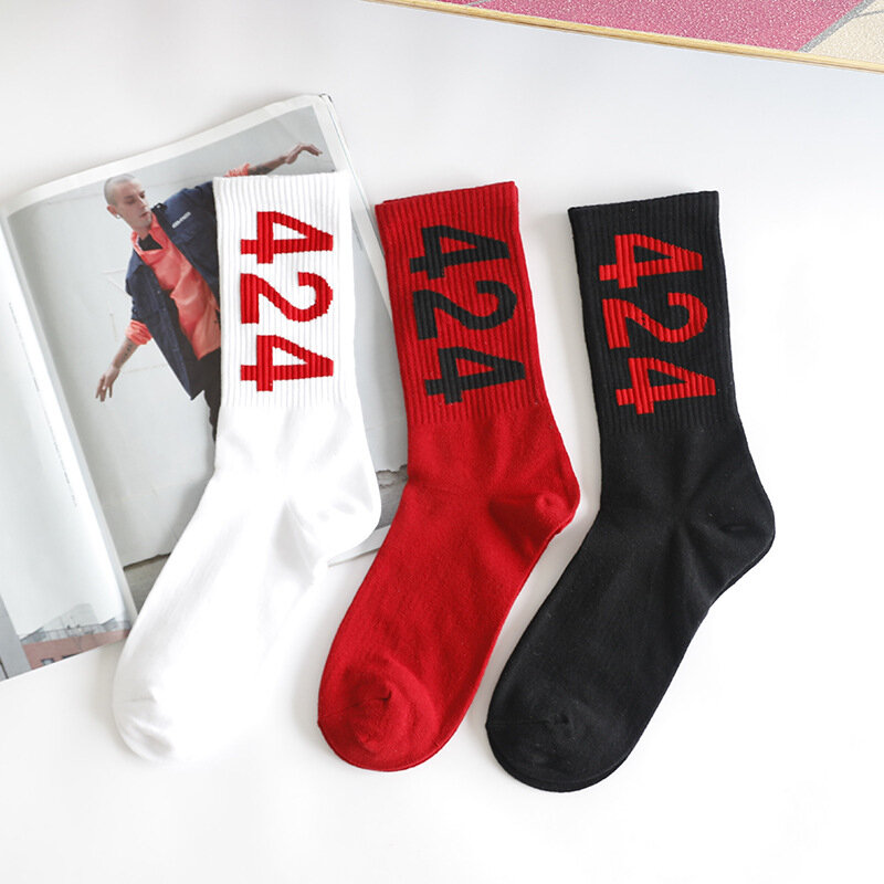 3 Pairs/Lot 424 Figure Knitted Man Sports Exquisite Breathable Woman Celebrity Couple INS Street Fashion Brand Cotton Tube Socks
