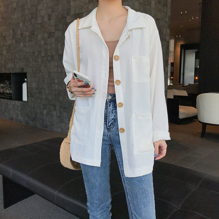 Colorfaith New 2020 Women Summer Autumn Blouse Shirts Pockets Single Breasted Casual Loose Notched Soft Female Wild Tops BL3557