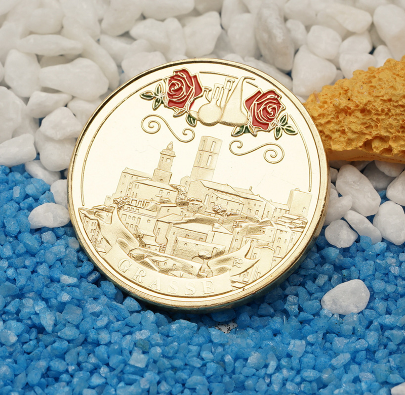 32mm francês perfume capital moeda de vidro banhado a ouro vermelho pintado em miniatura relevo moedas de ouro colecionáveis