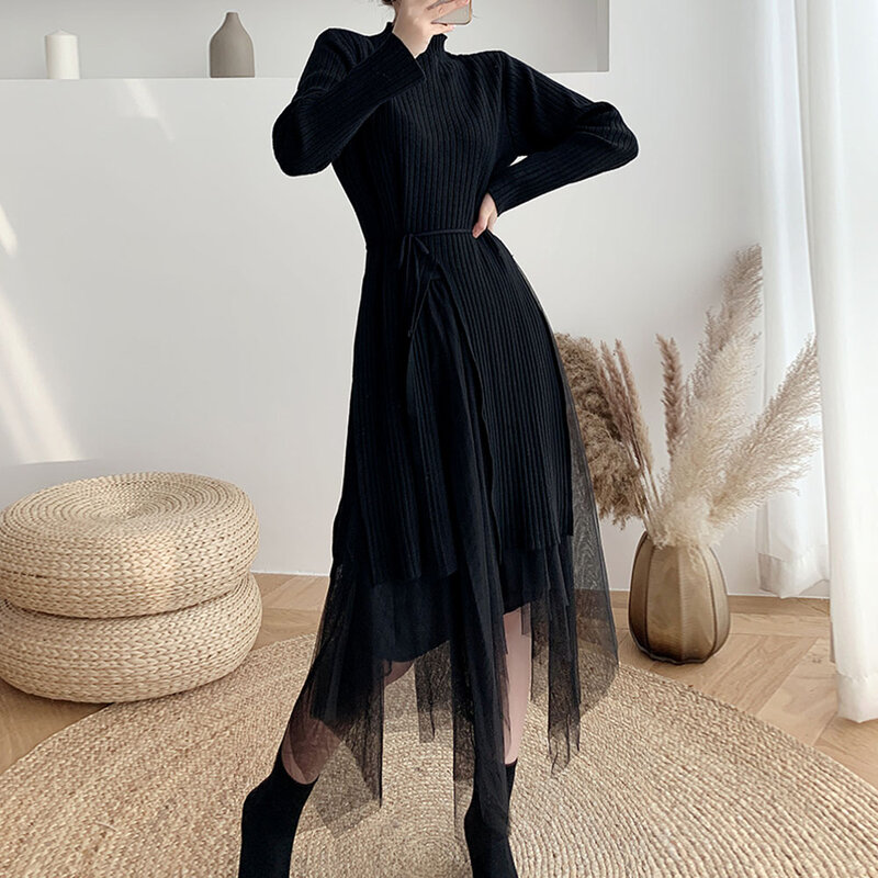 두 조각 세트 여성 새로운 네트 원사 높은 허리 스커트 단색 긴 라운드 넥 긴 소매 드레스 한국어 패션 캐주얼 가을