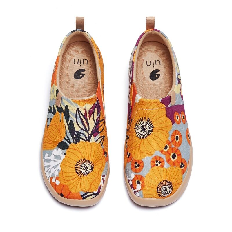 Uin女性の軽量スリップアドオンスニーカーウォーキングフラットカジュアル花アート塗装旅行靴マリーゴールド