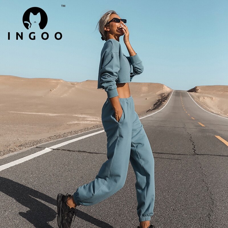 INGOO-chándal informal liso para mujer, conjunto deportivo de dos piezas, Sudadera de manga larga y pantalones de chándal, moda urbana