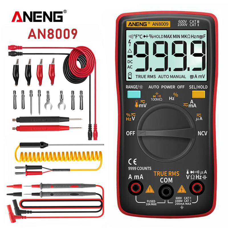 ANENG-multímetro Digital AN8009, probador de transistores, condensador True-RMS, medidor de capacitancia eléctrica automotriz, diodo de temperatura