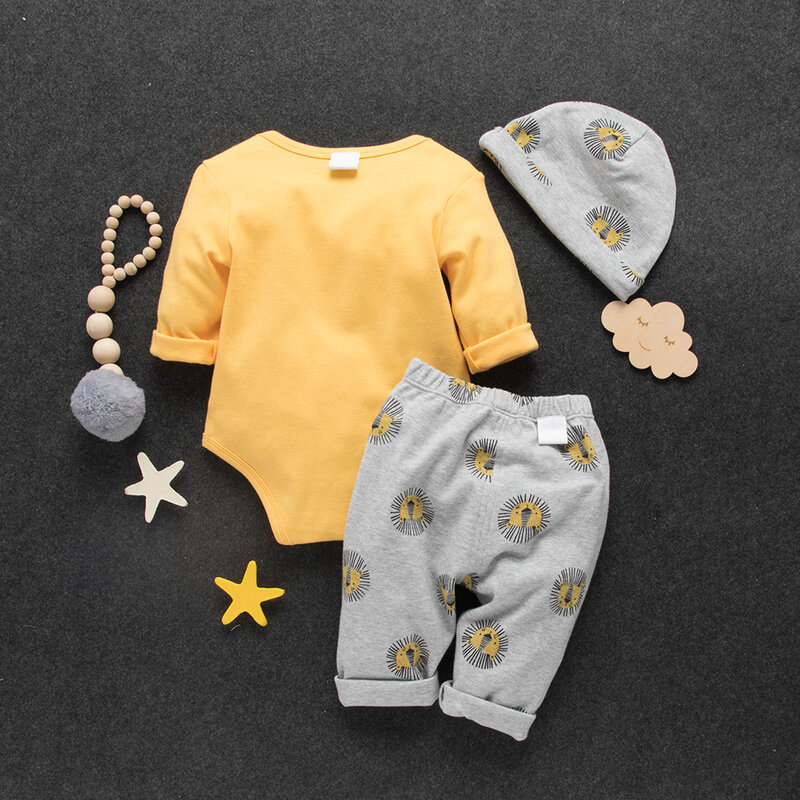 PatPat – ensemble 3 pièces pour bébé, en coton, motif Lion, décontracté, joli body, pantalon, chapeau, vêtements pour bébé, printemps et automne
