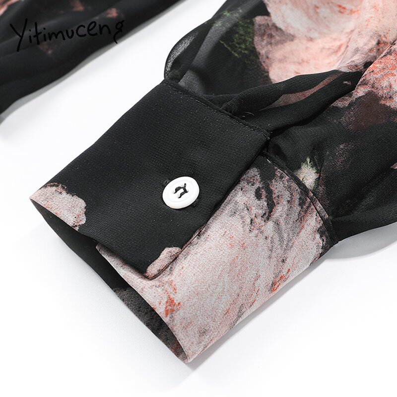 Yitimuceng-Blusa holgada de manga larga con cuello en V para oficina, camisa con lazo para mujer, color negro, Estilo Vintage, a la moda, primavera 2021