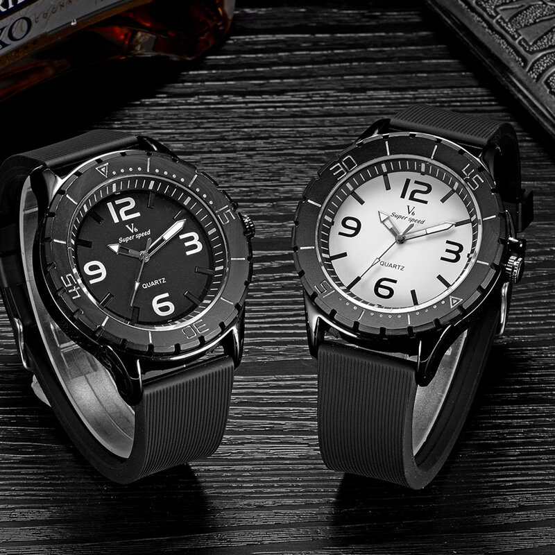 V6 deportivo reloj negro de alta calidad de la PU banda de cuarzo relojes de hombres regalo Casual de moda relojes hombres reloj montre zegarek damski